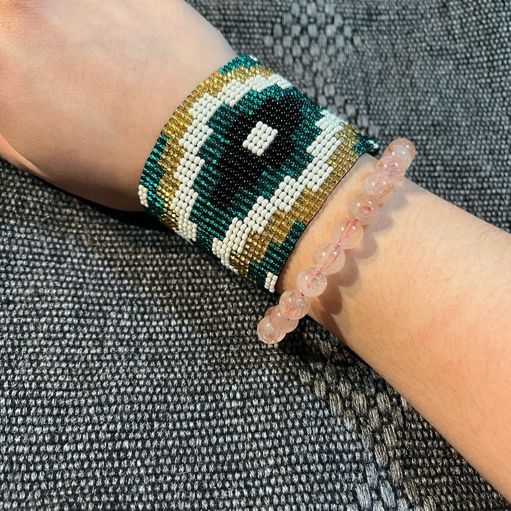 Authentic handmade, Mexican beaded bracelet, black, white, gold, teal color